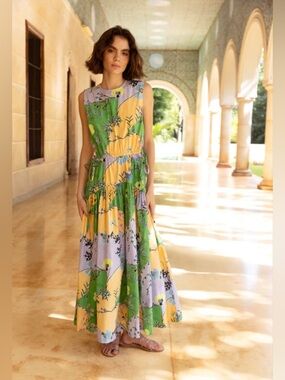 Oliphant Sleeveless Patchwork Floral Maxi Dress in Green, Yellow & Lavender